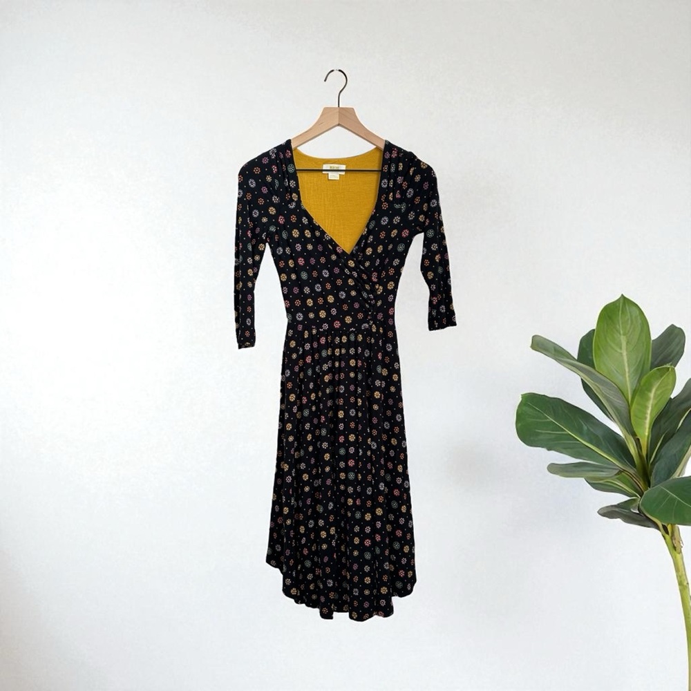 Anthropologie Women’s Maeve Black Floral Rayon 3/4 Sleeve Dress Size XS - Picture 2 of 12